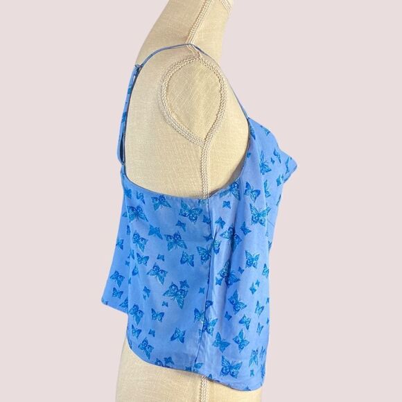 Y2K Crop Drape Front Blue Butterly Spaghetti Strap Cami - Picture 2 of 8